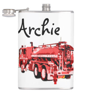 Archie Name With Red Fire Truck,   Hip Flask