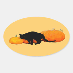 Arching Black Cat with Pumpkins Oval Sticker