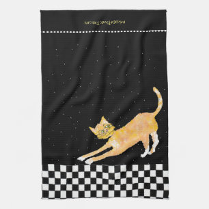 Arching Ginger Cat with Glasses Kitchen Towel