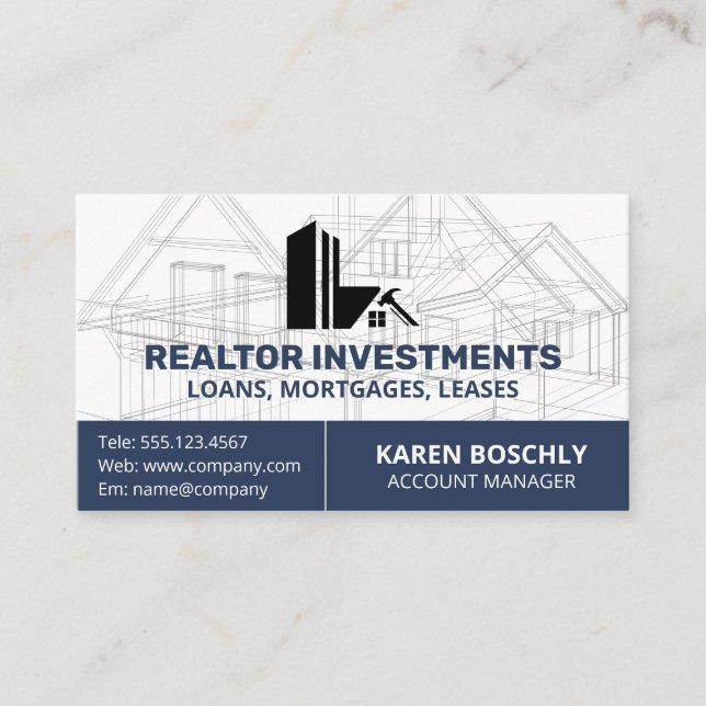 Architect Blueprint | Home Property Logo Business Card (Front)