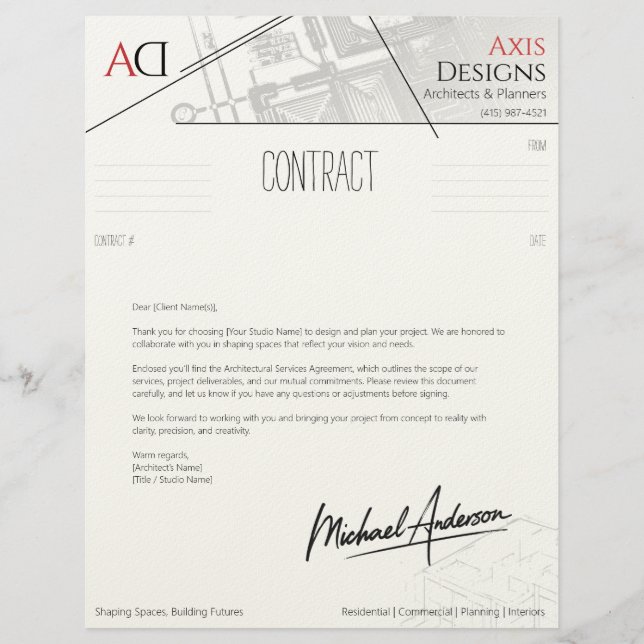Architect Contract Cover Letter with Blueprint  Letterhead (Front)