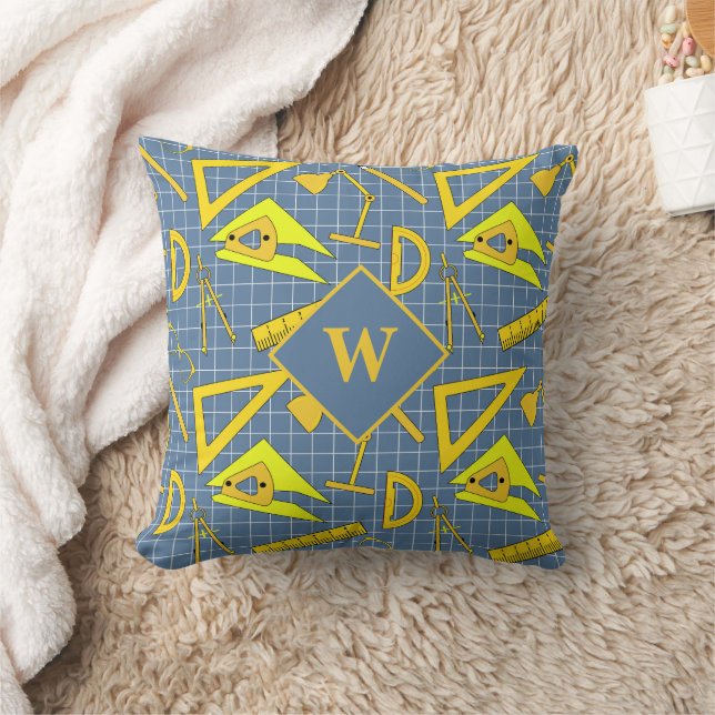Architect Drawing Tools Patterned Blue Monogram Throw Pillow (Blanket)