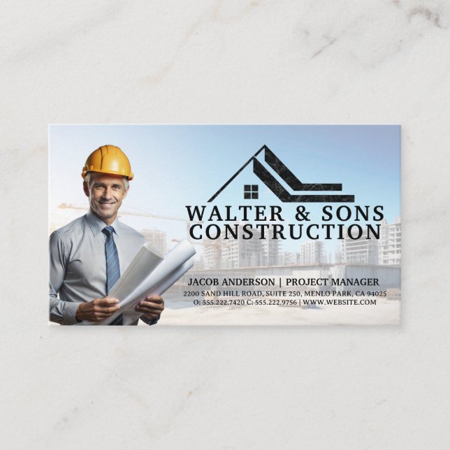 Architect Holding Blueprints | Construction Site Business Card (Front)