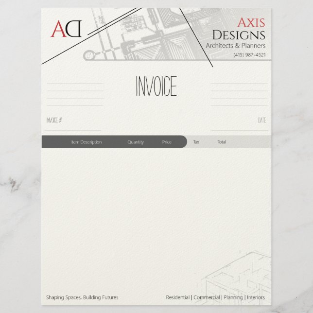 Architect Invoice Template with Blueprint Design Letterhead (Front)