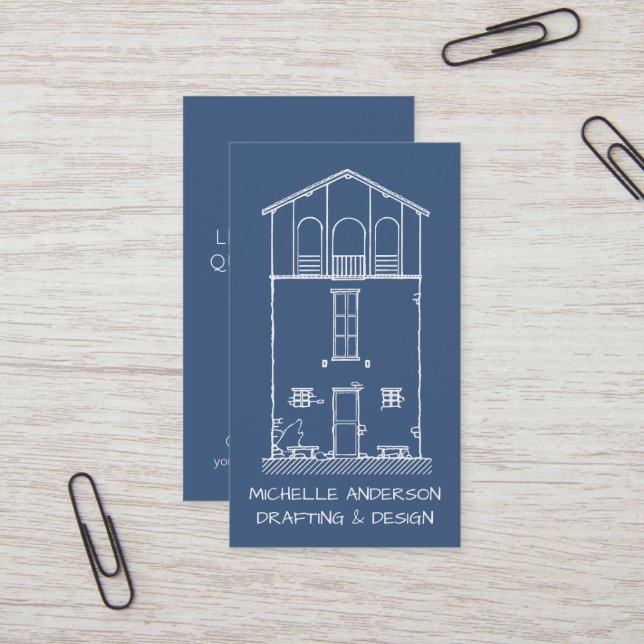 Architectural House Sketch Blueprint Vertical Business Card (Front/Back In Situ)