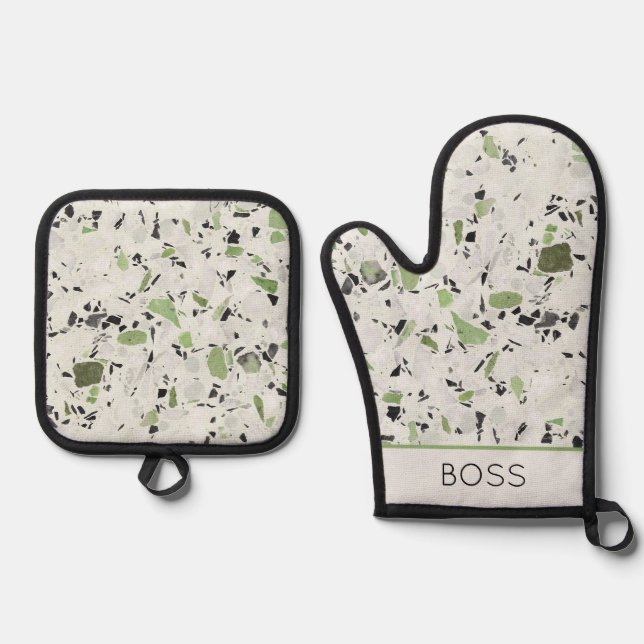 Architectural Terrazzo Black Green NAME Chic Oven Mitt & Pot Holder Set (Front)