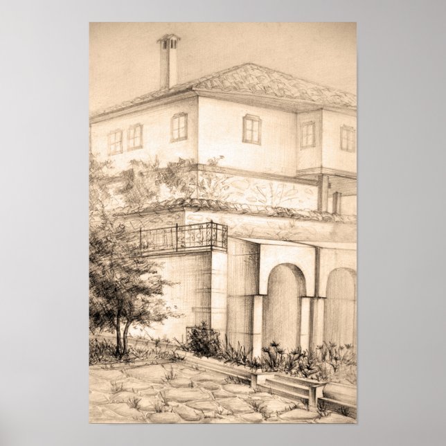 Architecture Traditional House Drawing Sketch Art Poster (Front)
