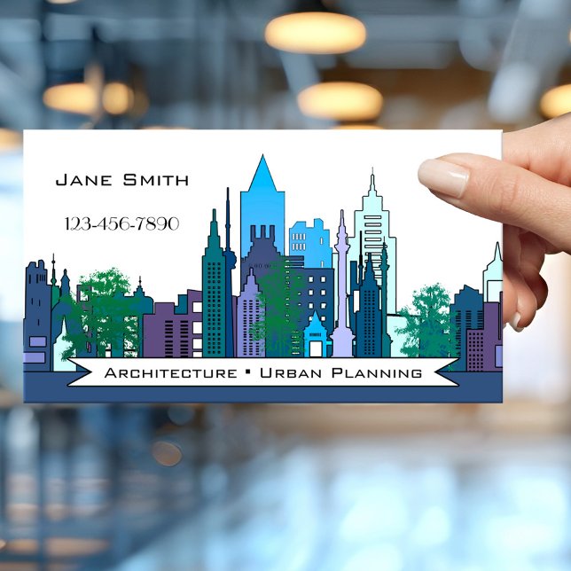 Architecture Urban Planning Business Card (Modern design professional architect or urban planner business card featuring a city skyline)