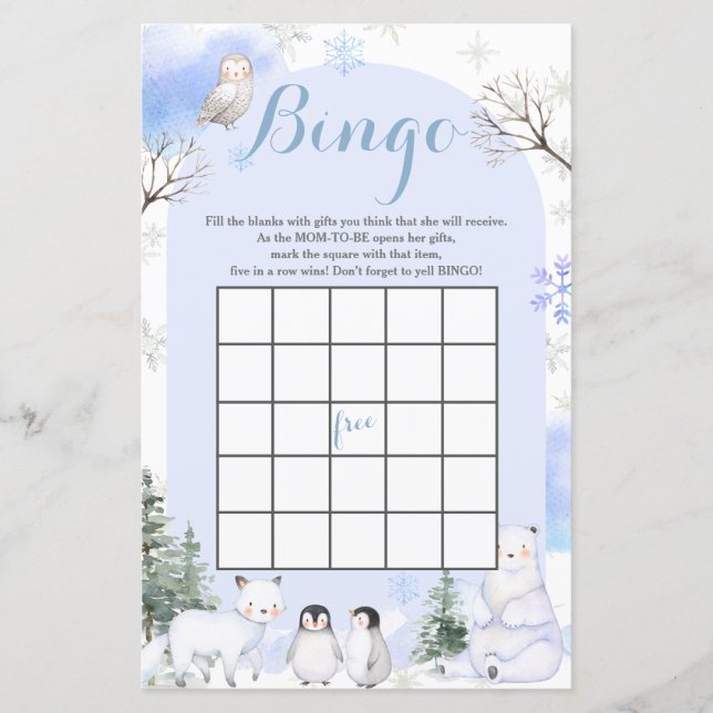 ARCTIC ANIMAL Snowflakes Baby Shower Bingo (Front)