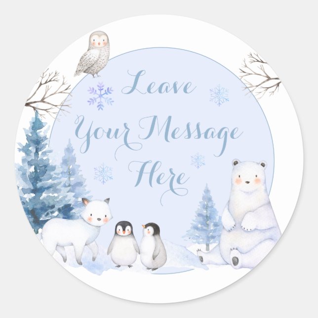 ARCTIC ANIMAL Snowflakes Trees Love Your Message Classic Round Sticker (Front)
