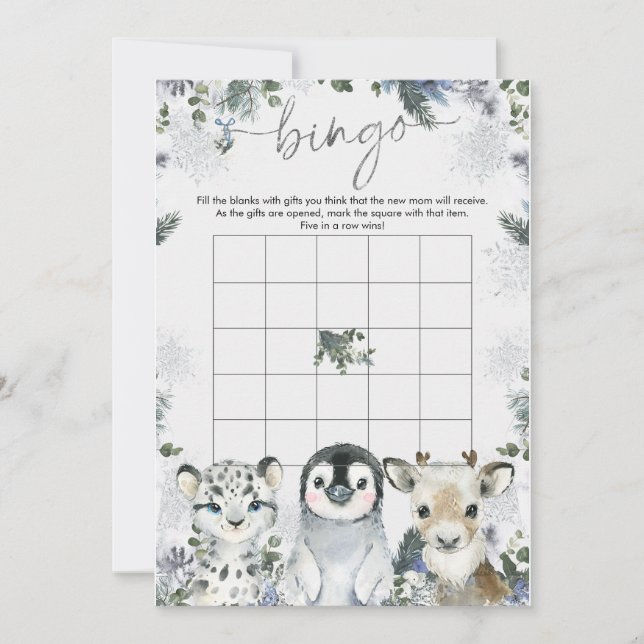 Arctic Animal Winter Wonderland Baby Bingo Game Invitation (Front)