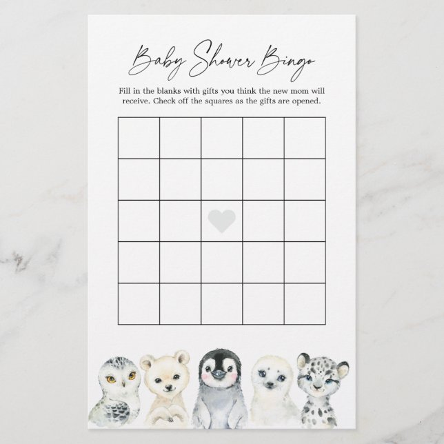 Arctic Animals Baby Shower Bingo Game (Front)