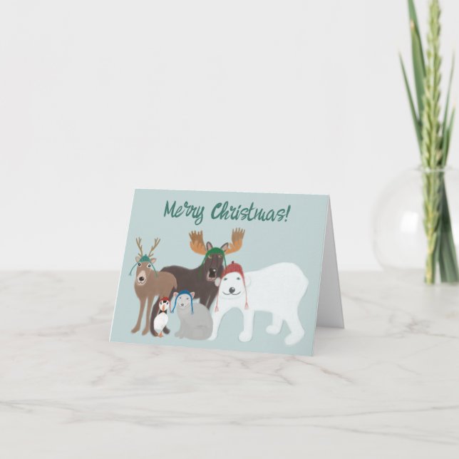 Arctic Animals in Winter Hats Christmas Card (Front)