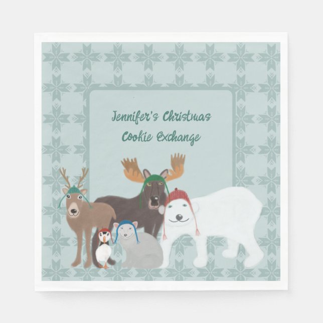 Arctic Animals in Winter Hats Christmas Party Napkin (Front)