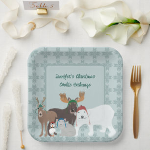 Arctic Animals in Winter Hats Christmas Party Paper Plate