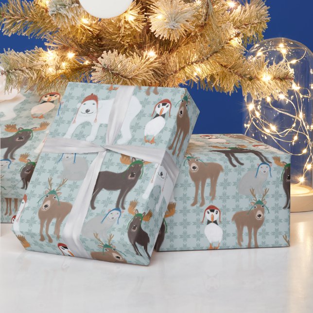 Arctic Animals in Winter Hats Christmas Wrapping Paper (Holidays)