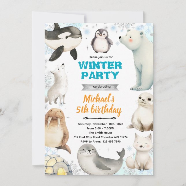 Arctic Animals theme invite (Front)