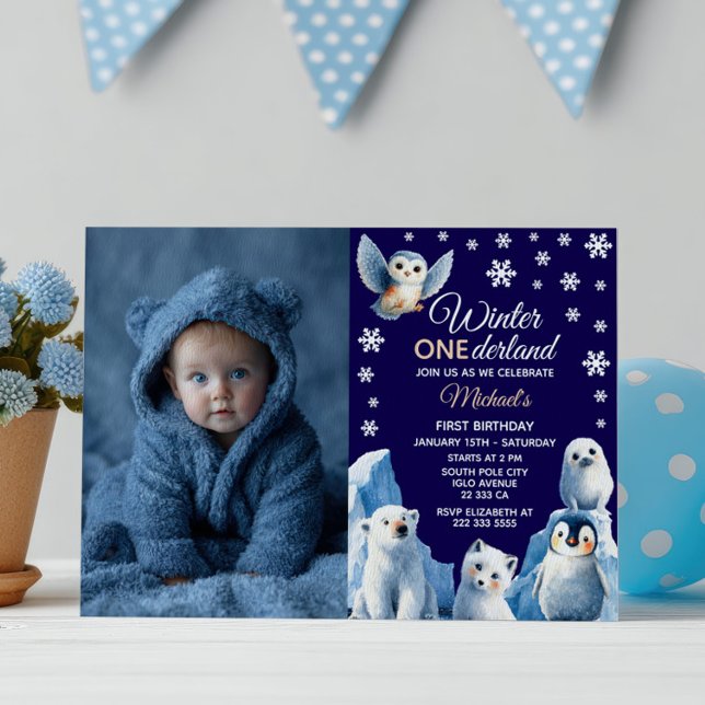 Arctic Animals Winter Kids' First Birthday Photo  Invitation (Creator Uploaded)