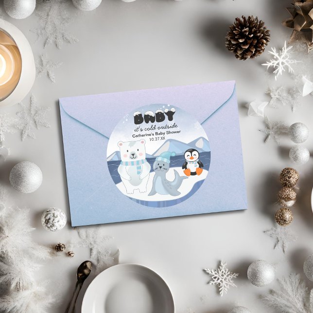 Arctic Animals Winter Wonderland Baby Shower Classic Round Sticker (Creator Uploaded)