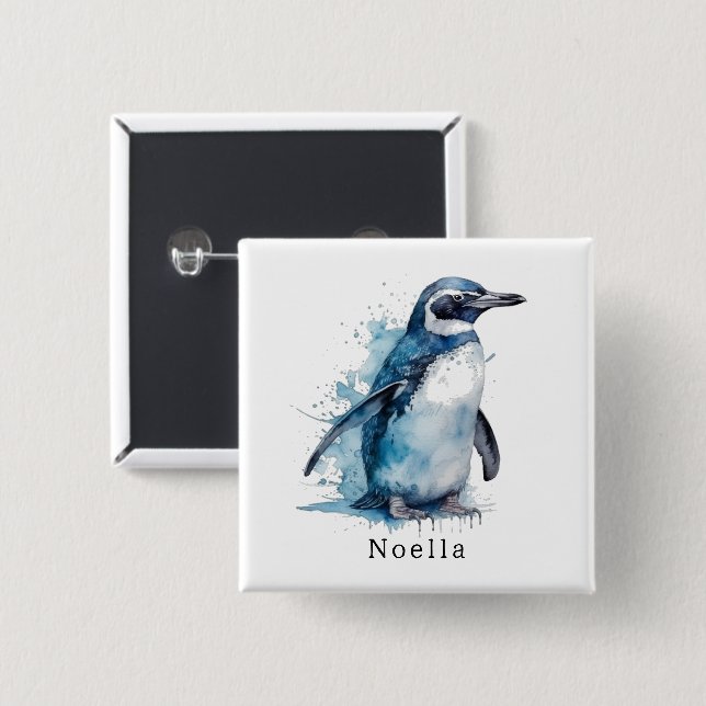Arctic Azure Watercolor Penguin, custom 2 Inch Square Button (Front & Back)