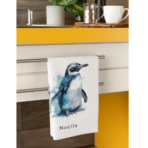 Arctic Azure Watercolor Penguin, custom Kitchen Towel