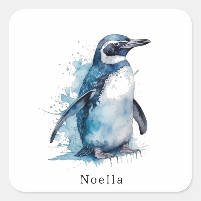  Arctic Azure Watercolor Penguin, custom Square Sticker (Front)