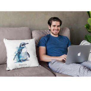 Arctic Azure Watercolor Penguin, custom Throw Pillow