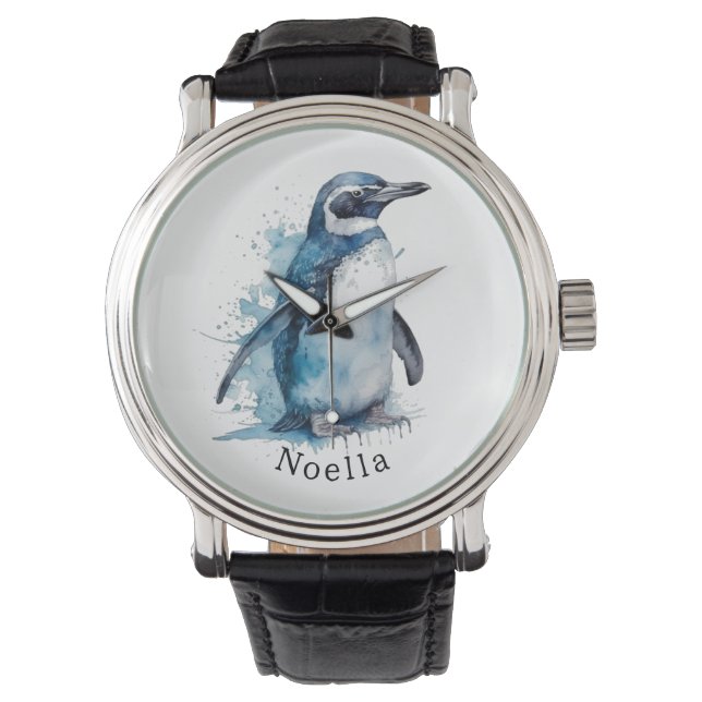  Arctic Azure Watercolor Penguin, custom Watch (Front)