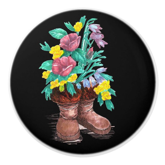 Arctic Bell Heather Roses Wildflower Mukluk Boot Ceramic Knob (Front)
