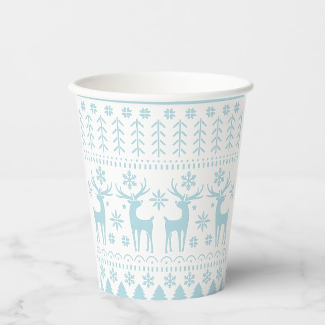 Arctic Blue Folk Art Winter Theme Paper Cups (Front)