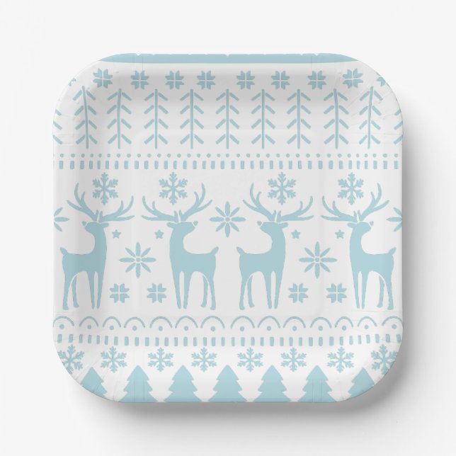 Arctic Blue Folk Art Winter Theme Paper Plate (Front)