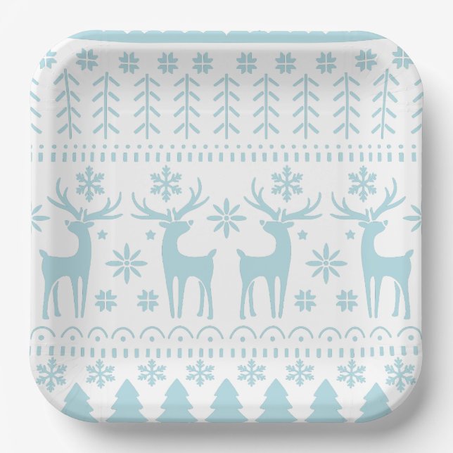 Arctic Blue Folk Art Winter Theme Paper Plate (Front)