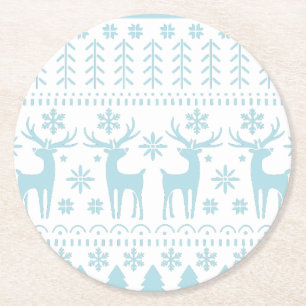 Arctic Blue Folk Art Winter Theme Round Paper Coaster