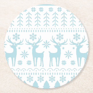 Arctic Blue Folk Art Winter Theme Round Paper Coaster