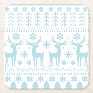 Arctic Blue Folk Art Winter Theme Square Paper Coaster