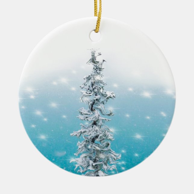 Arctic blue frozen frosty silver sparkle evergreen ceramic ornament (Front)
