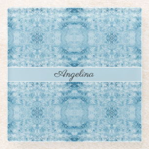 Arctic Chill Blue & White Feather Pattern Custom Glass Coaster