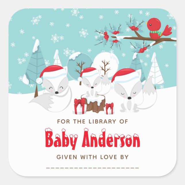 Arctic Fox Christmas Wonderland Bookplate Square Sticker (Front)