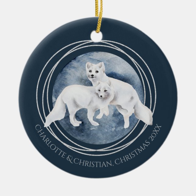 Arctic Fox Couple Winter Christmas Personalized Ceramic Ornament (Front)
