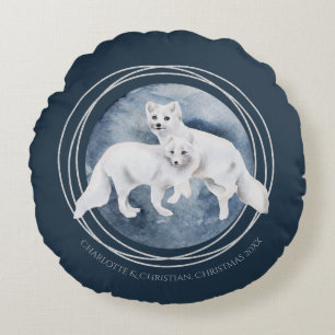 Arctic Fox Couple Winter Christmas Personalized Round Pillow