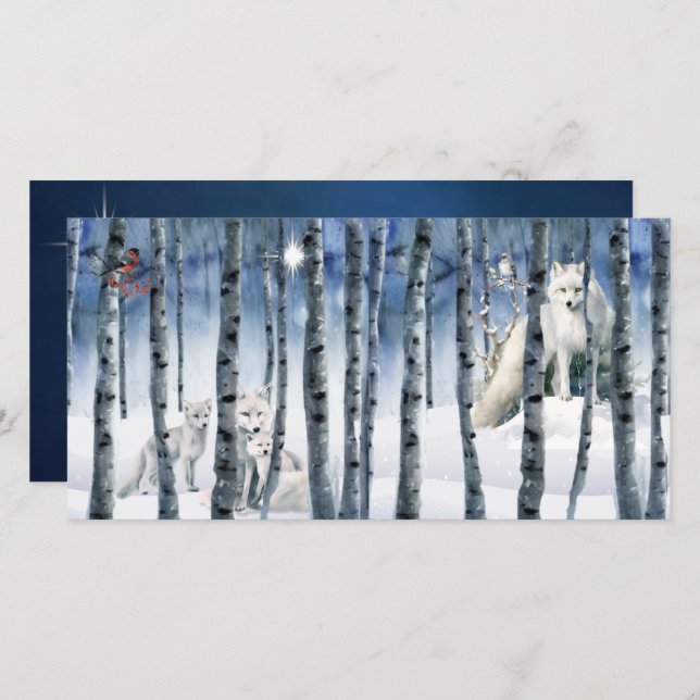 Arctic Fox in Winter Woods with Star Holiday Card (Front/Back)