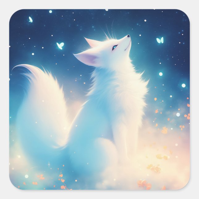 Arctic Fox Looking Up at Magical Starry Night Sky Square Sticker (Front)