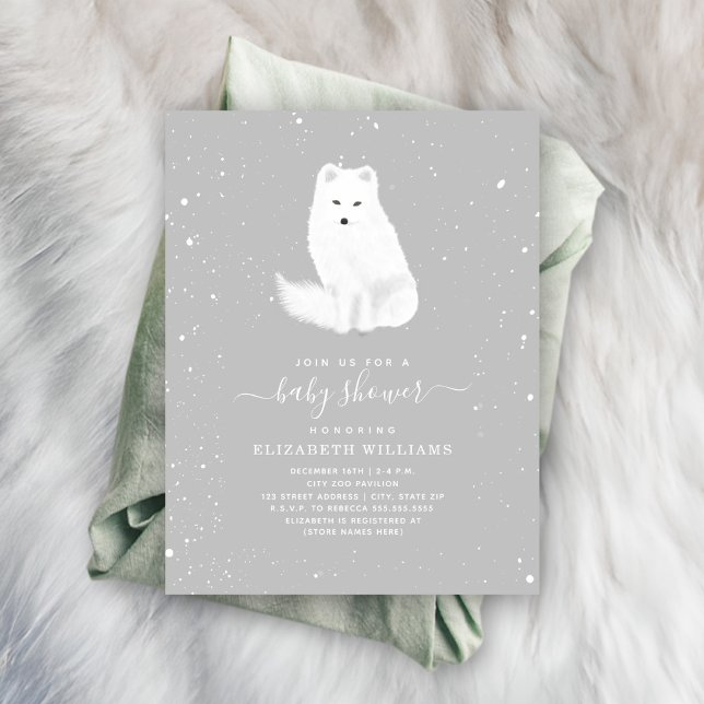 Arctic Fox Neutral Grey Winter Snow Baby Shower In Invitation (Creator Uploaded)