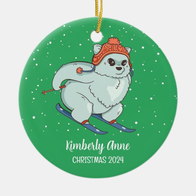 Arctic Fox Skiing Christmas Snowy Winter Holiday Ceramic Ornament (Front)