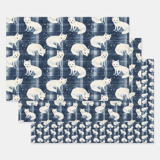 Arctic Fox Winter Christmas Tartan Plaid Pattern 2 Wrapping Paper Sheet (Set)