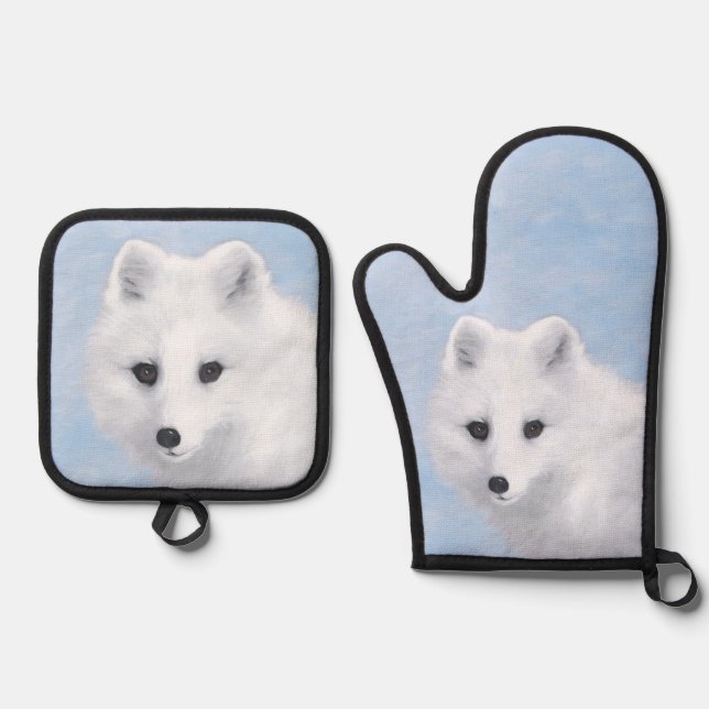 Arctic Fox Winter Painting Original Wildlife Art Oven Mitt & Pot Holder Set (Front)