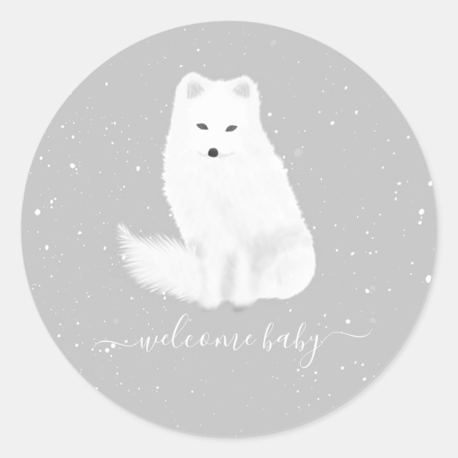 Arctic Fox Winter Snow Grey Neutral Baby Shower Classic Round Sticker (Front)