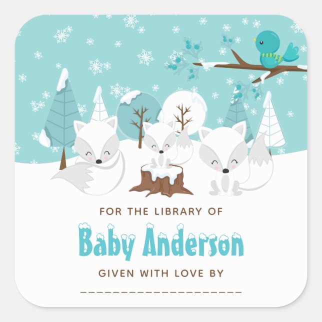 Arctic Fox Winter Wonderland Bookplate Square Sticker (Front)
