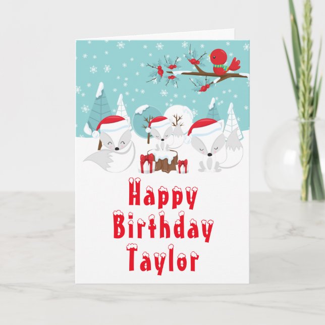 Arctic Foxes Christmas Woodland Happy Birthday Card (Front)