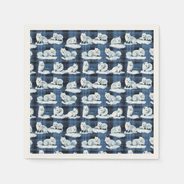 Arctic Foxes Winter Christmas Tartan Plaid Pattern Napkin (Front)